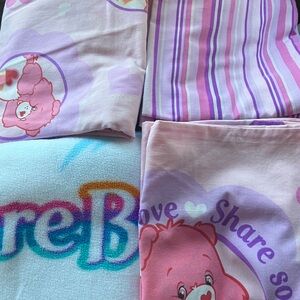 Vintage Care Bears‎ Pink and Purple Bedding Sheet and Fleece Blanket 2004